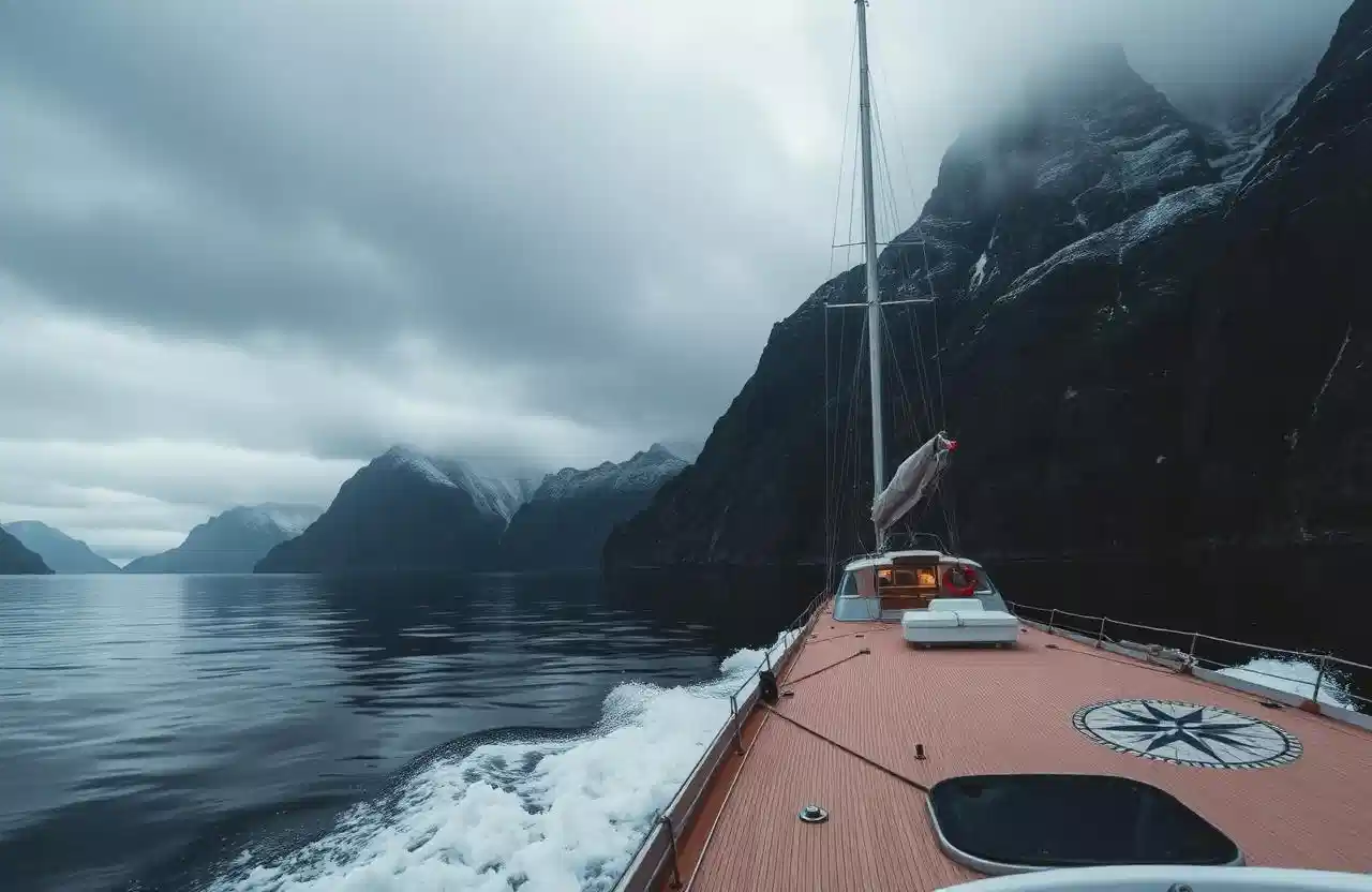 View from a yacht bow sailing through a steep, cloud-covered Norwegian fjord
